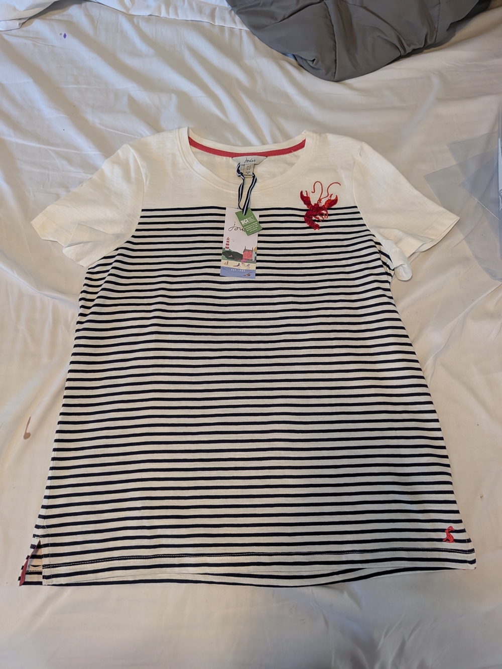 Joules White Navy Striped Tee with Red Lobster Motif